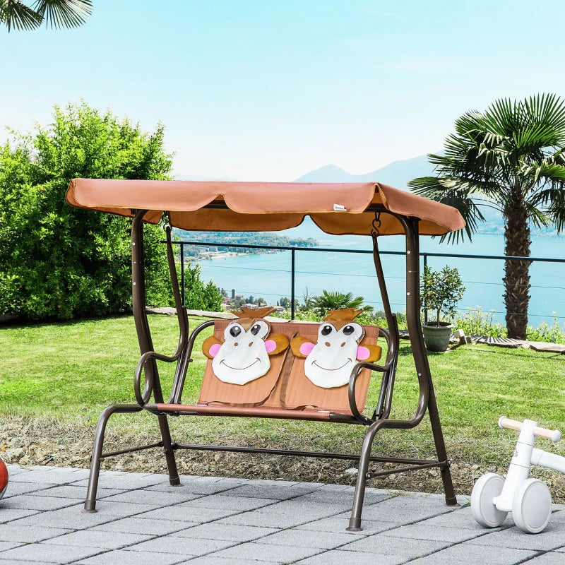 Outsunny 2 Seater Kids Garden Swing Seat, Children Outdoor Patio Lounge Chair for Gardens w/ Adjustable Awning, Seatbelt, Monkey Pattern - Brown