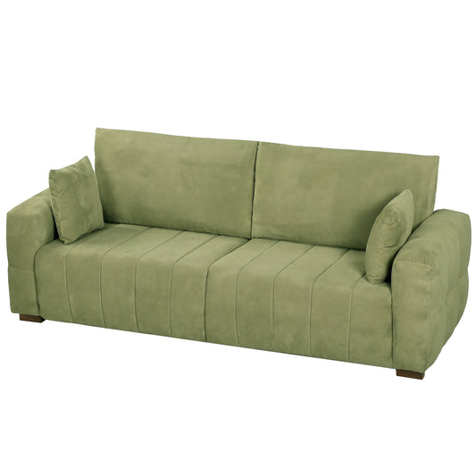 HOMCOM 3 Seater Sofa, Upholstered Velvet Couch for Bedroom with Pillows, Padded Cushion and Wood Legs, Green