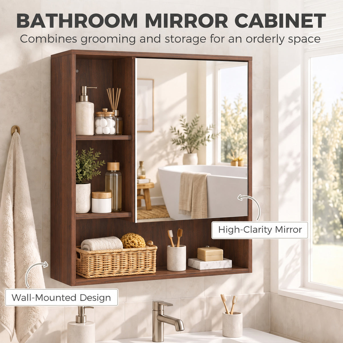 HOMCOM Bathroom Mirror Cabinet, Wall-Mounted Bathroom Cabinet with Mirror Door, Adjustable Shelves, Walnut Brown