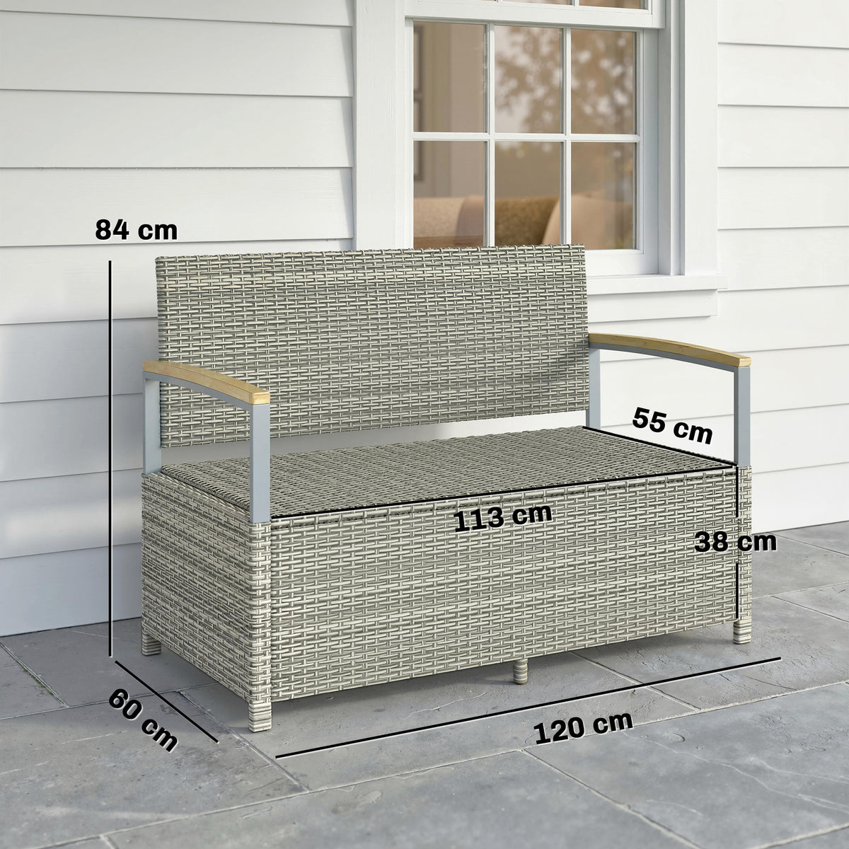 Outsunny 170 L Garden Storage Bench with Zipped Liner, 2 Seater Rattan Garden Bench with Storage, Gas Strut, Cushion, Light Grey