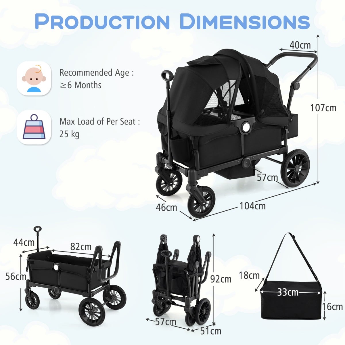 Wagon Stroller for 2 Kids with Adjustable Handle and Removable Canopy-Black