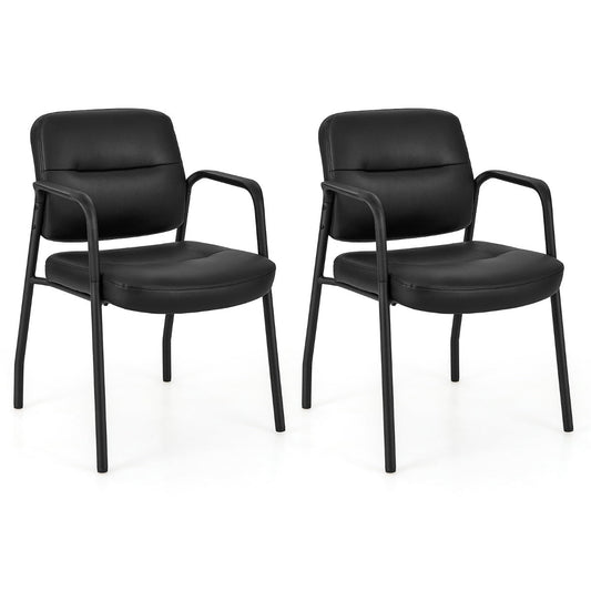 Waiting Room Guest Chair Set of 2 Upholstered Reception Chairs with Mixed PU Leather and Integrated Armrests-Black