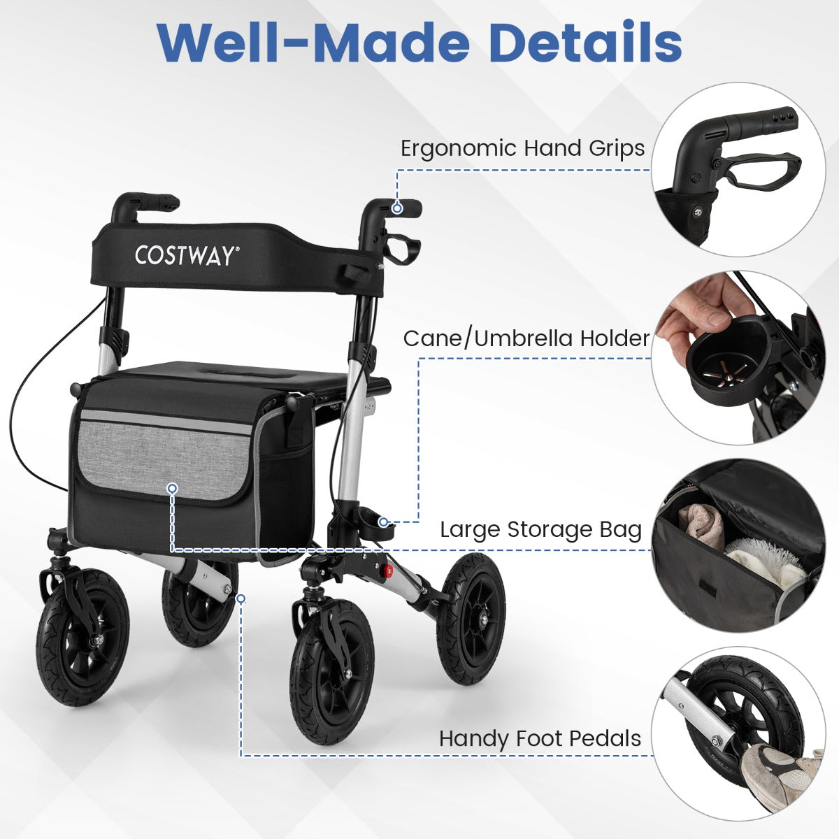 Walker for Seniors with Seat Folding Rollator Walker with Pneumatic Tires-Silver