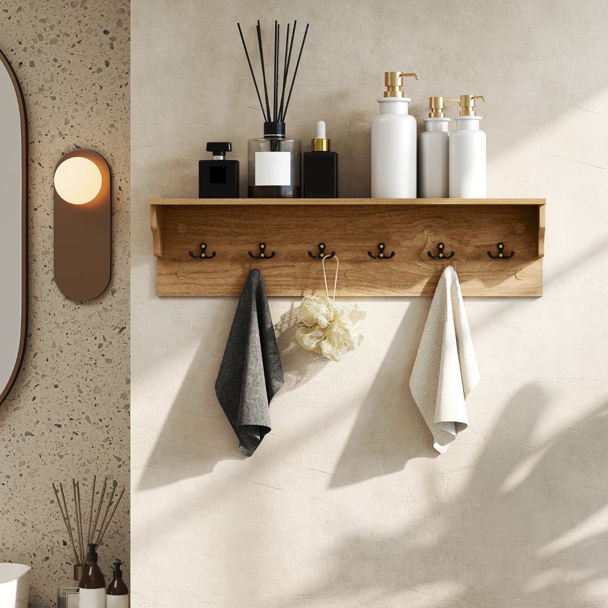 80 CM Wall Hooks with Shelf Wooden Coat Rack-Natural & White