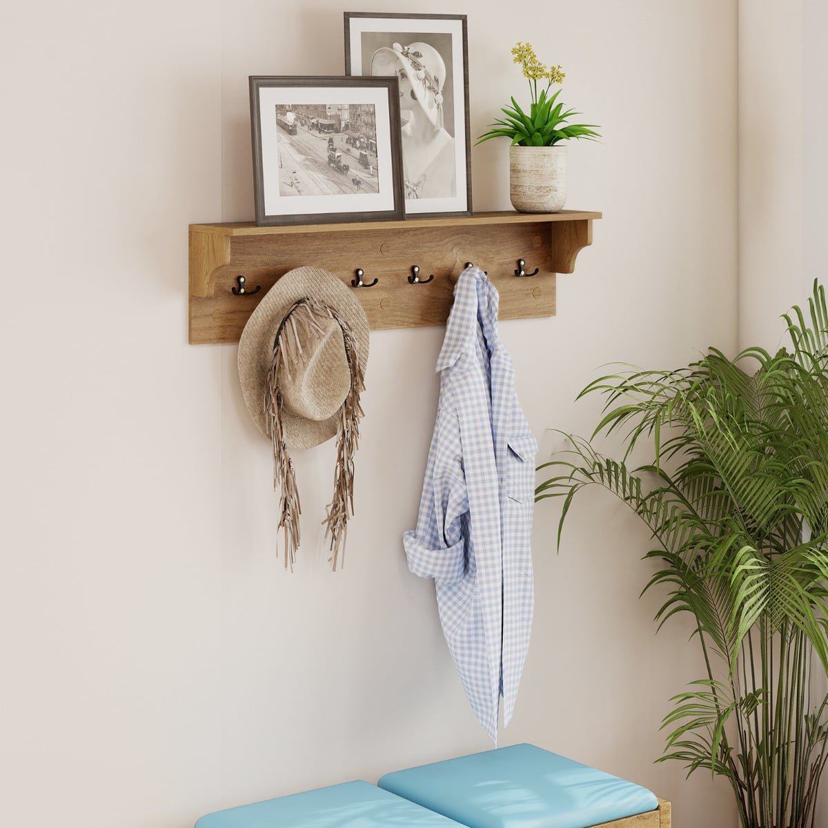 80 CM Wall Hooks with Shelf Wooden Coat Rack-Natural & White