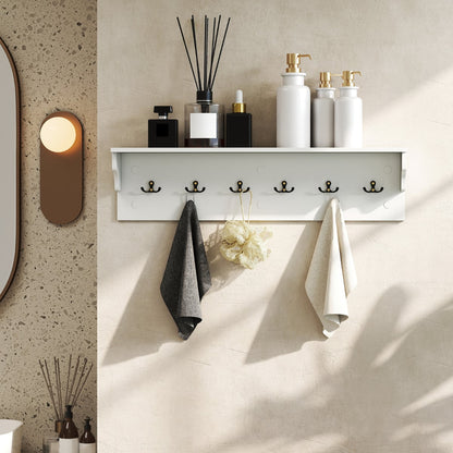 80 CM Wall Hooks with Shelf Wooden Coat Rack-White