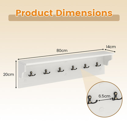 80 CM Wall Hooks with Shelf Wooden Coat Rack-White
