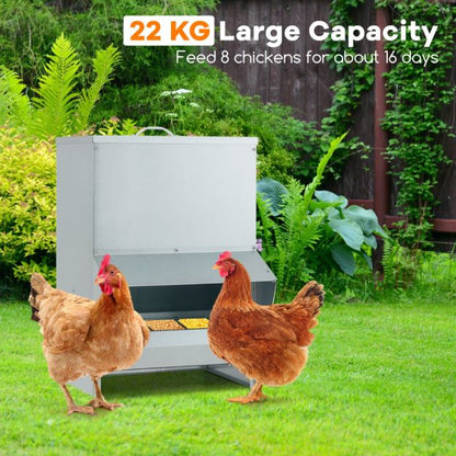 22kg Capacity Galvanized Chicken Feeder Wall Mounted with Lid No Waste Food Dispenser Silver