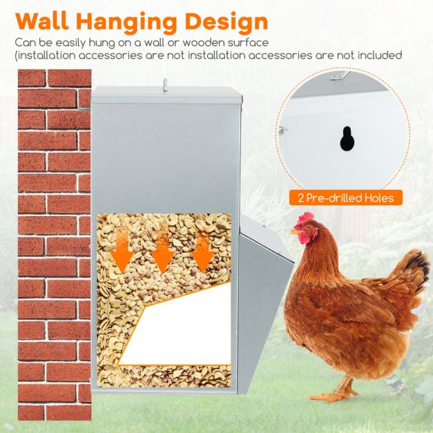 22kg Capacity Galvanized Chicken Feeder Wall Mounted with Lid No Waste Food Dispenser Silver