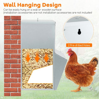 22kg Capacity Galvanized Chicken Feeder Wall Mounted with Lid No Waste Food Dispenser Silver