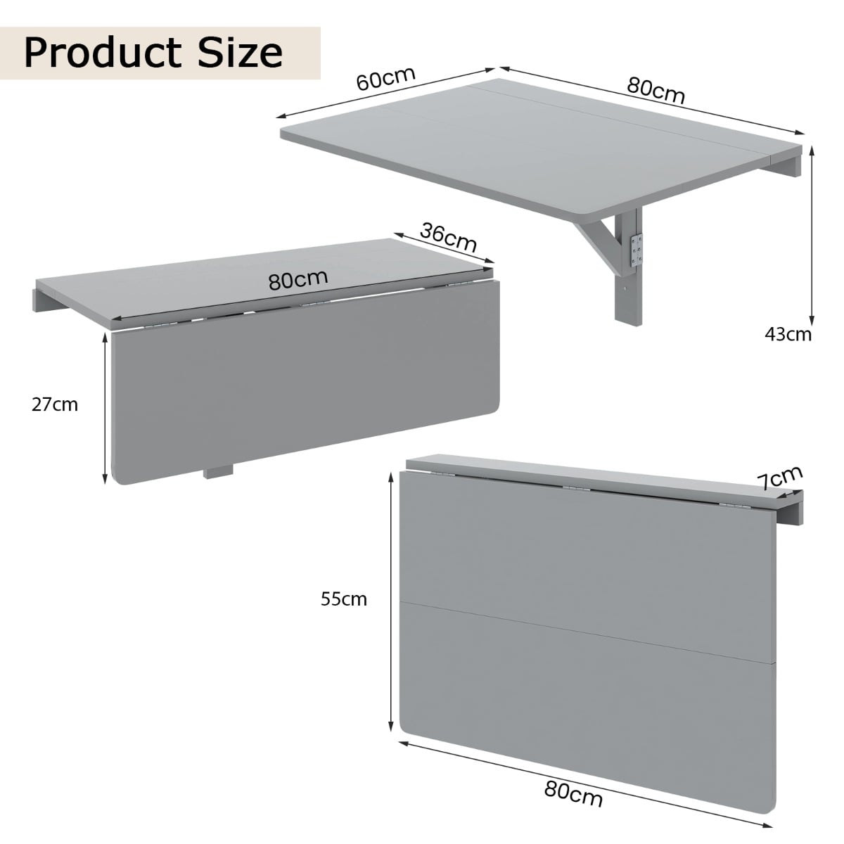 80 x 60 cm Wall Mounted Folding Table Drop-Leaf Floating Writing Desk-Grey