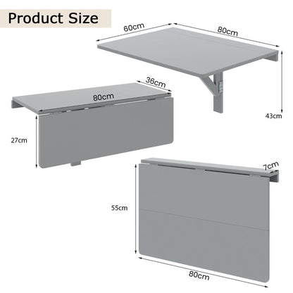 80 x 60 cm Wall Mounted Folding Table Drop-Leaf Floating Writing Desk-Grey