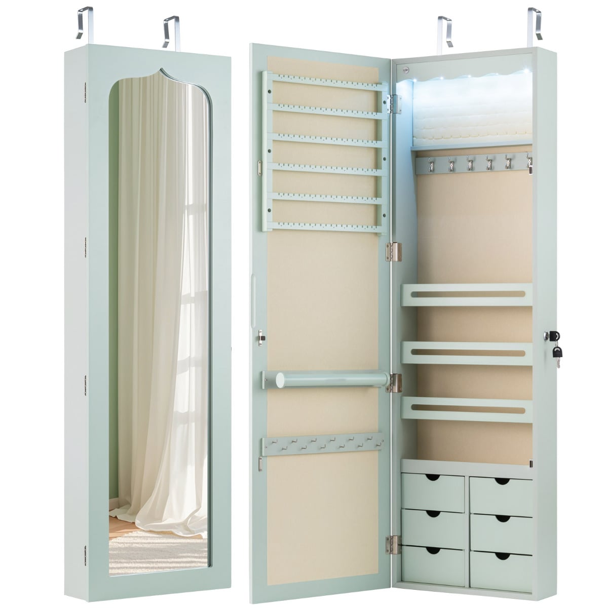 Wall Mounted Jewellery Armoire with LED Light-Green