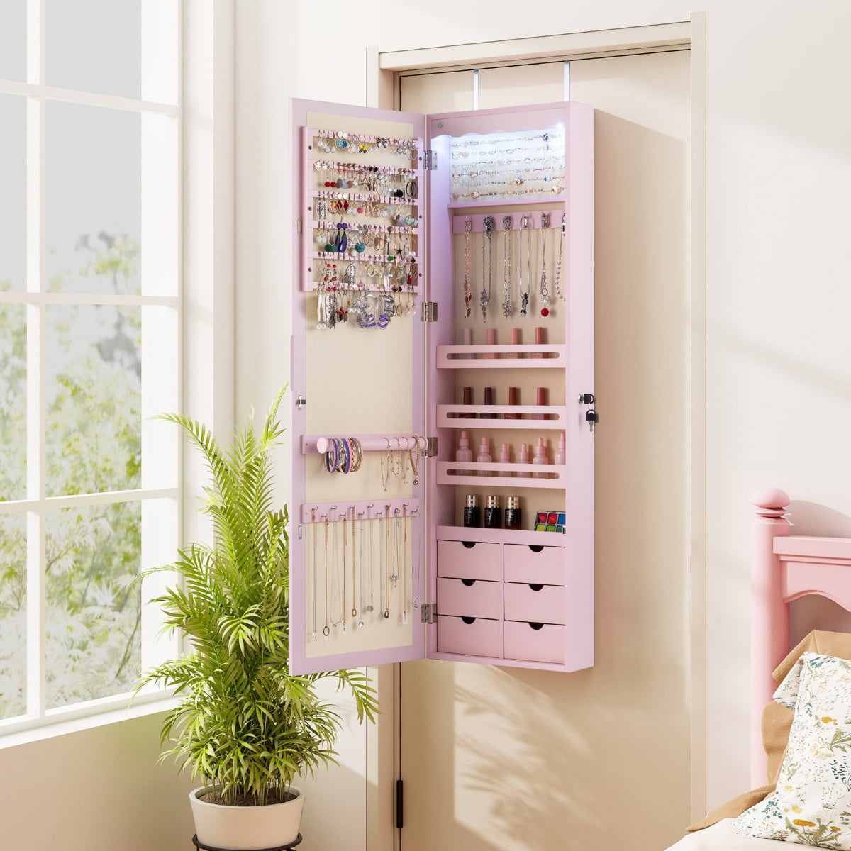 Wall Mounted Jewellery Armoire with LED Light-Pink