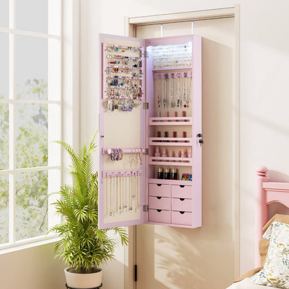 Wall Mounted Jewellery Armoire with LED Light-Pink