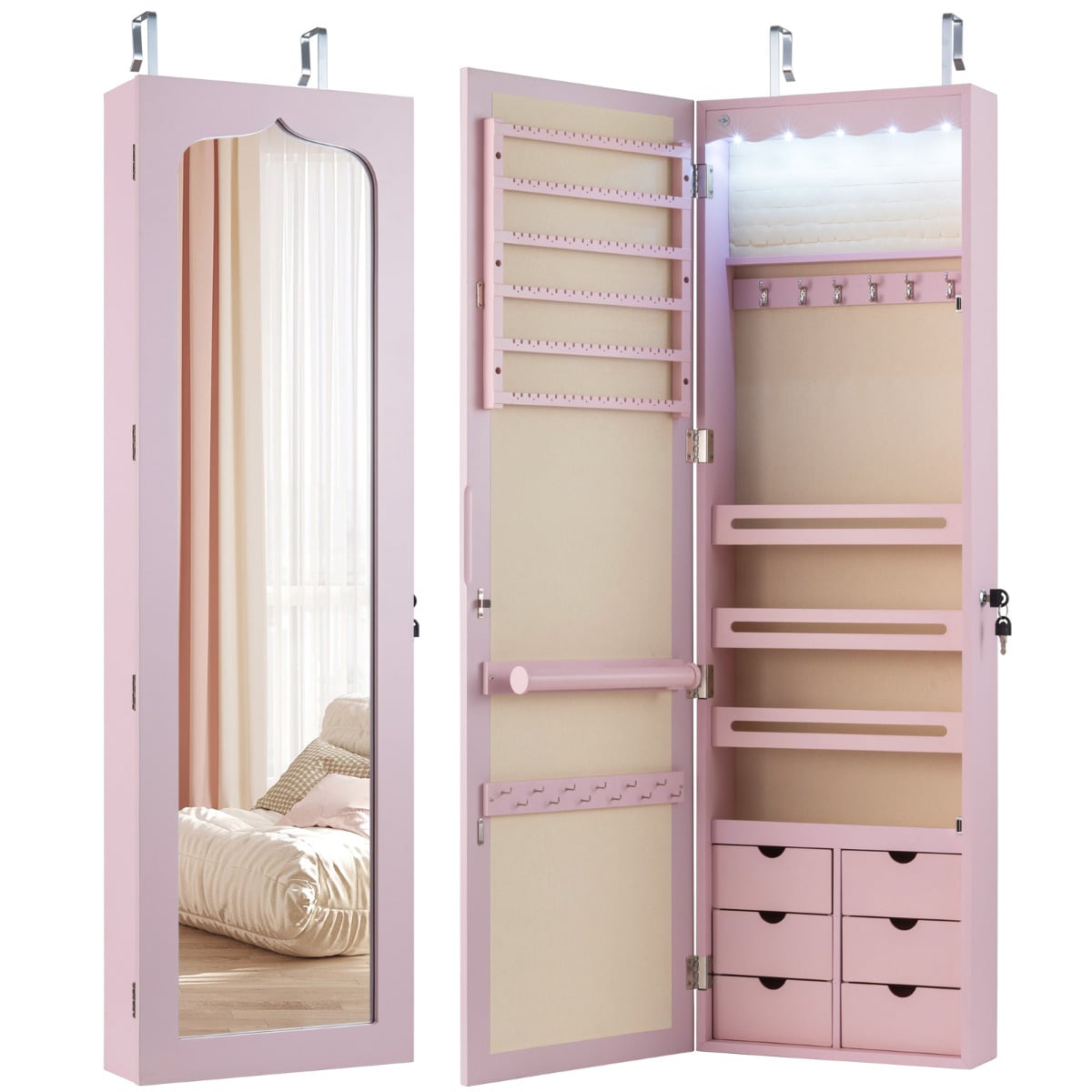 Wall Mounted Jewellery Armoire with LED Light-Pink