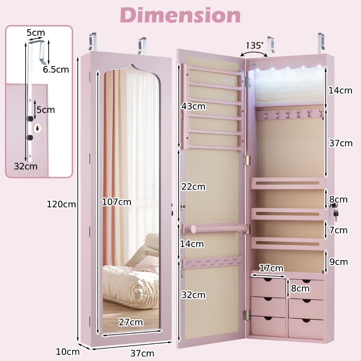 Wall Mounted Jewellery Armoire with LED Light-Pink