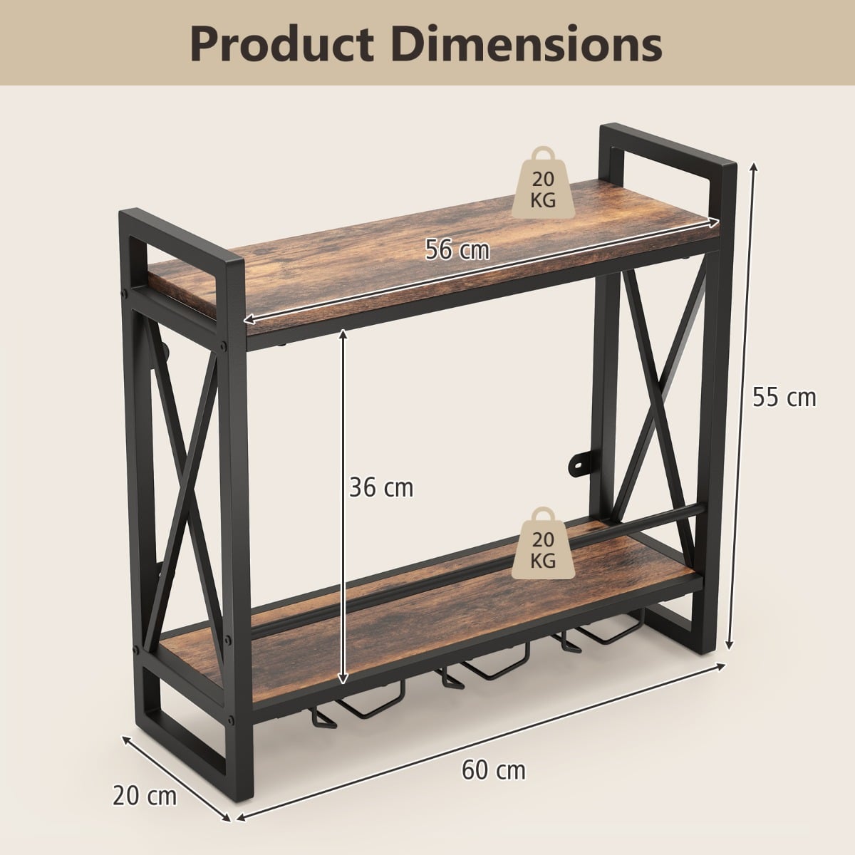 Wall Mounted Wine Rack with 2-Tier Shelves and 3 Glass Holders