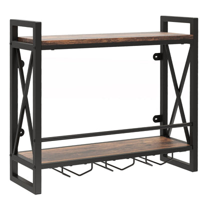 Wall Mounted Wine Rack with 2-Tier Shelves and 3 Glass Holders