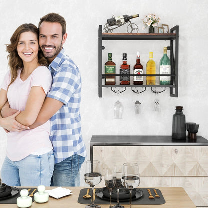 Wall Mounted Wine Rack with 2-Tier Shelves and 3 Glass Holders