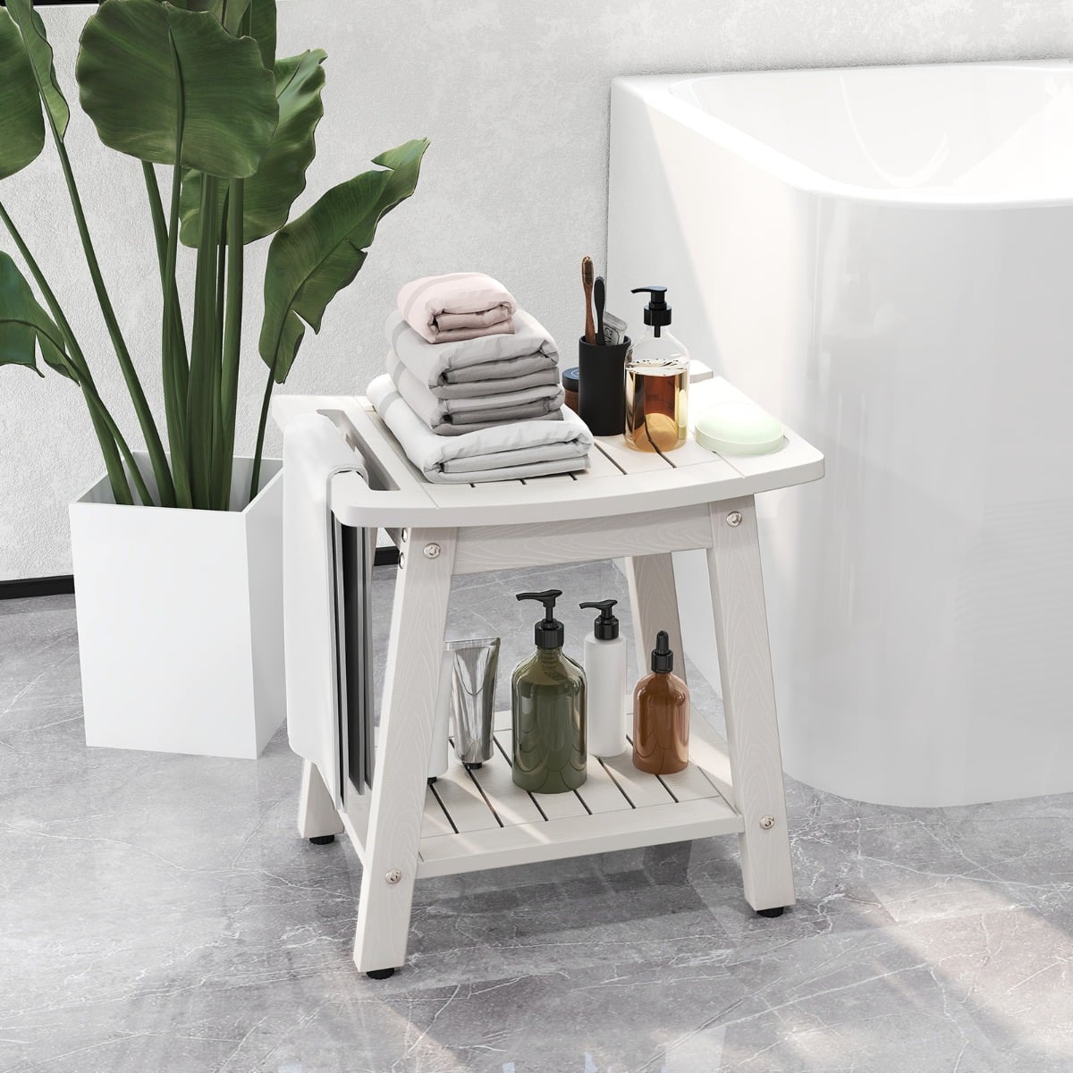 Waterproof Shower Bench Seat HIPS Shower Stool with Handle-White