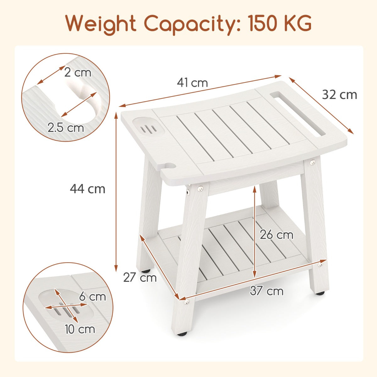 Waterproof Shower Bench Seat HIPS Shower Stool with Handle-White