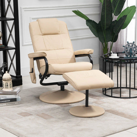 HOMCOM Swivel Recliner Chair and Footstool, Faux Leather Massage Recliner Armchair with Remote Control and Round Wrapped Base, Beige