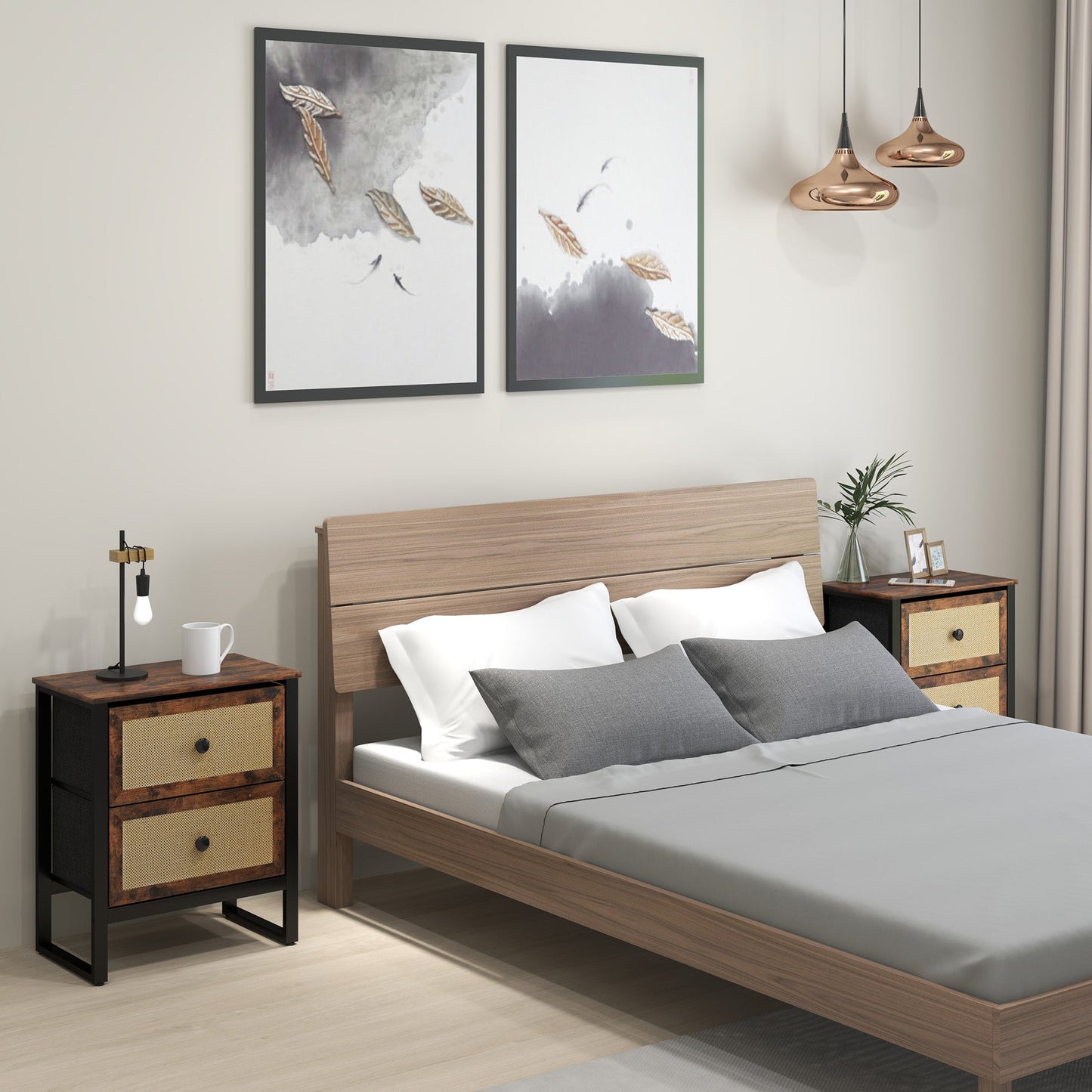 HOMCOM Industrial-Natural Bedside Table Set of 2 - Brown