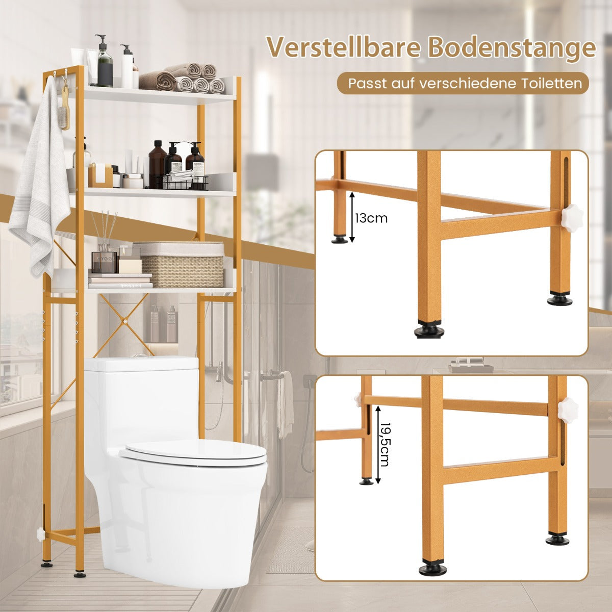 Over The Toilet Storage Rack with Hooks and Adjustable Bottom Bar-White