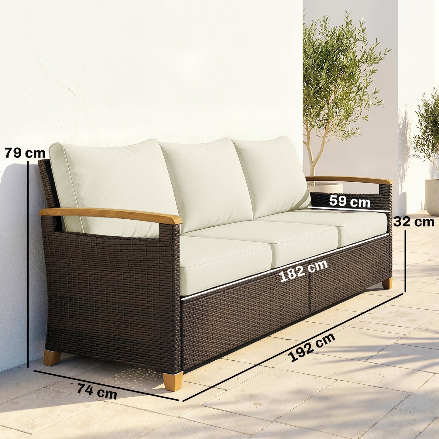 Outsunny 3 Seater Rattan Garden Sofa, PE Wicker Outdoor Sofa Wide Deep Seat, 4" Cushions, Wood-Effect Armrests Legs, Brown