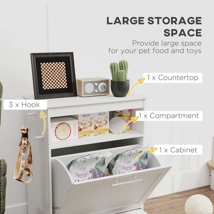 PawHut Pet Feeder Station, Dog, Cat Storage Container, with Raised Bowls, Hanger, Cabinet - White