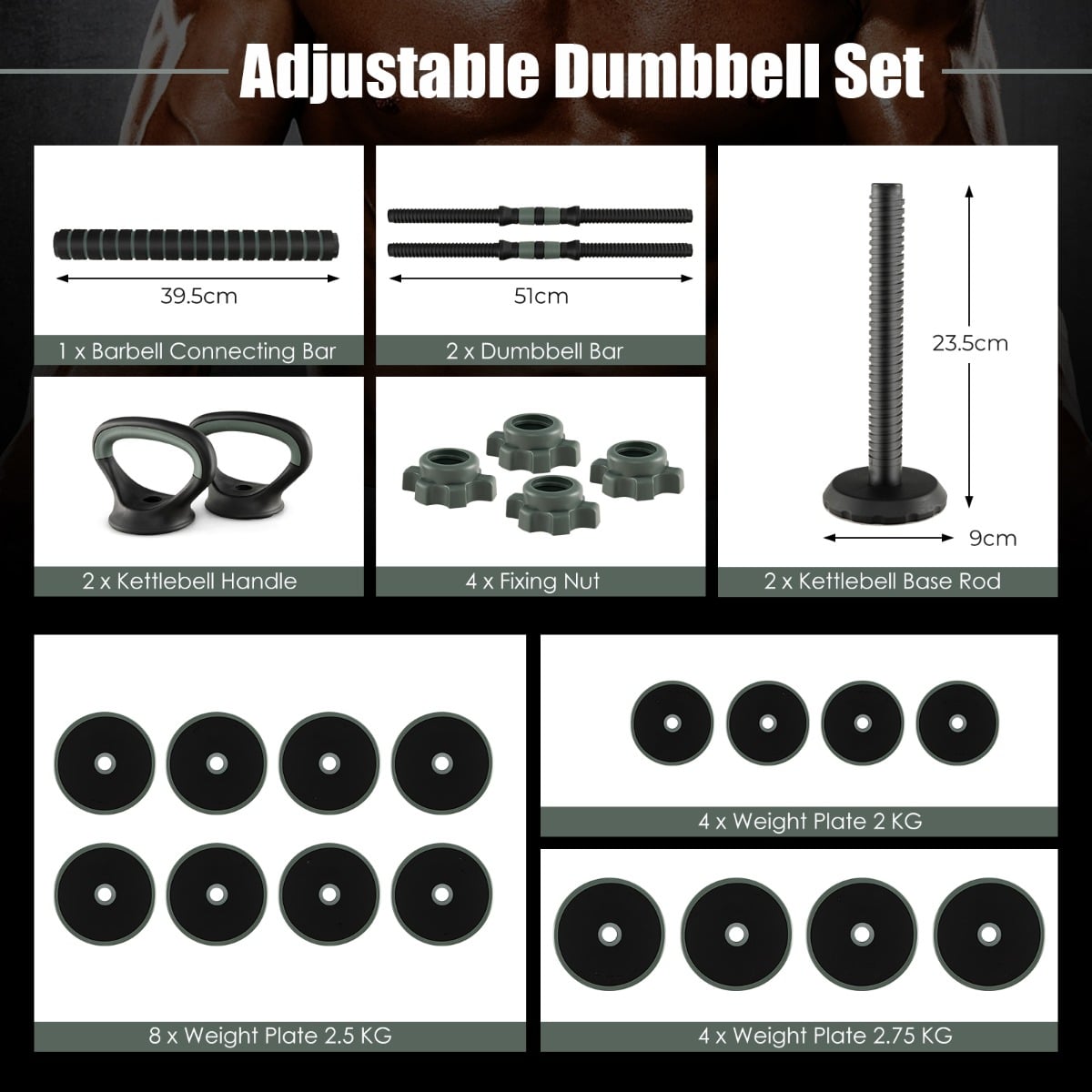 4-in-1 Weight Set with Dumbbells and Barbells for Home Gym Fitness Exercises-Black