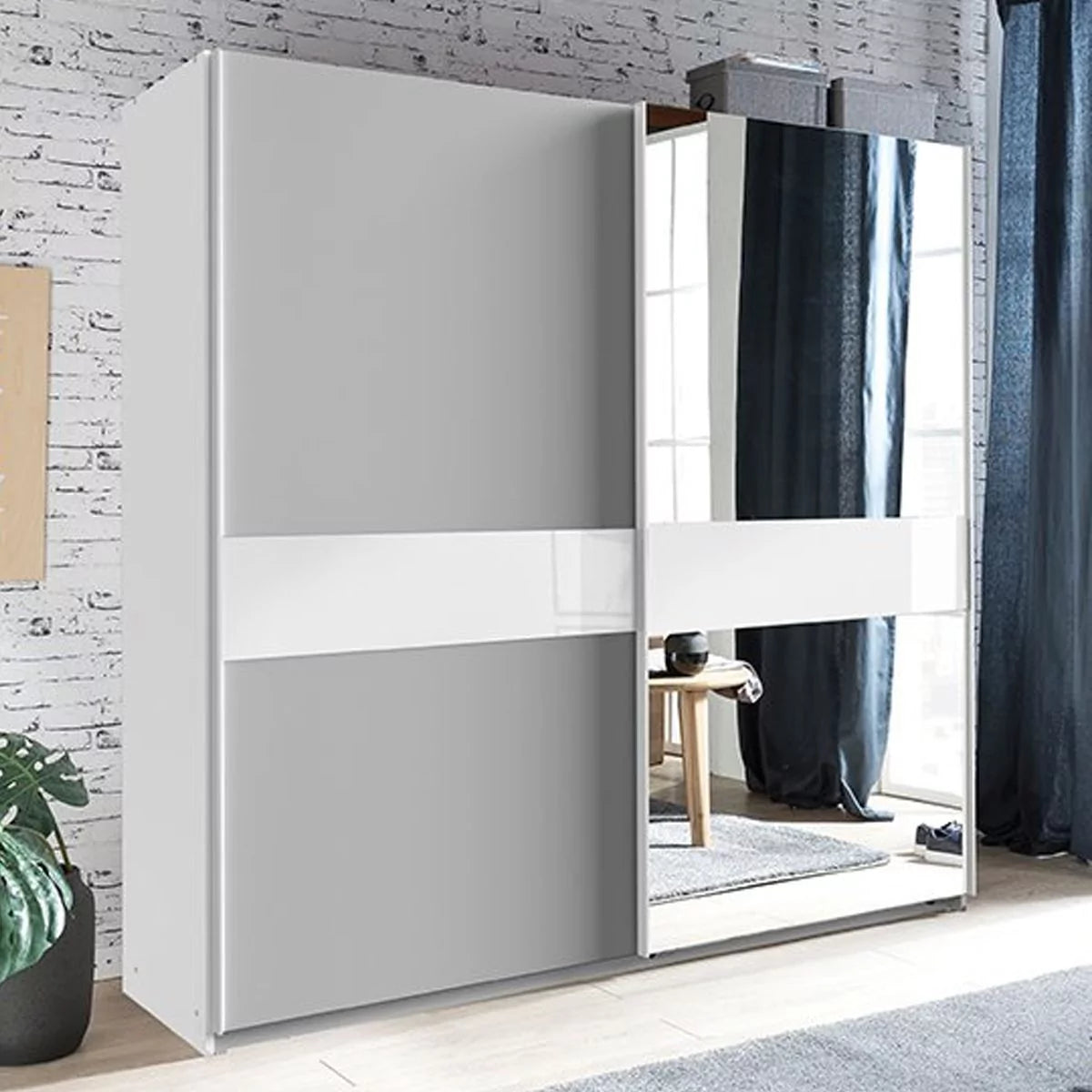 Ammar Mirrored Sliding Wardrobe - White and Grey