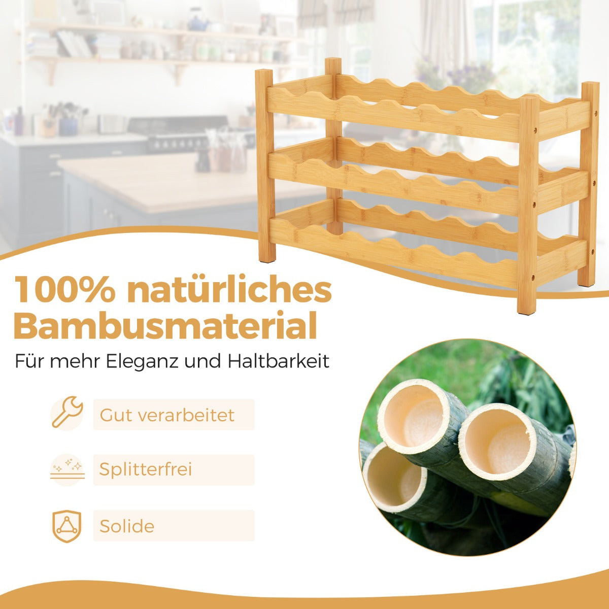 3-Tier Bamboo Wine Rack with Wave Slot for Kitchen-Natural
