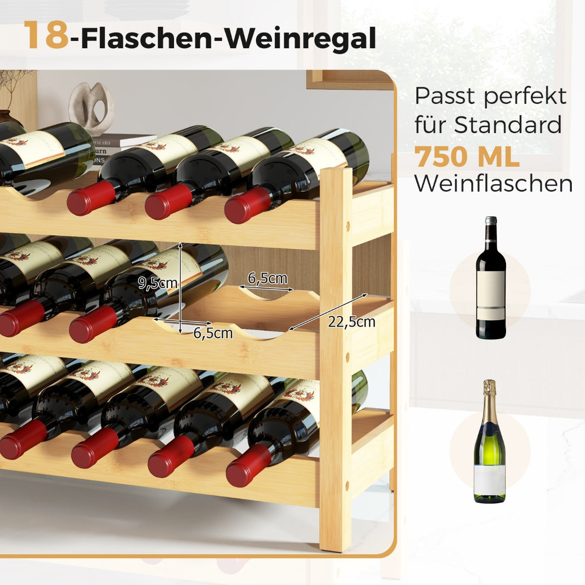 3-Tier Bamboo Wine Rack with Wave Slot for Kitchen-Natural