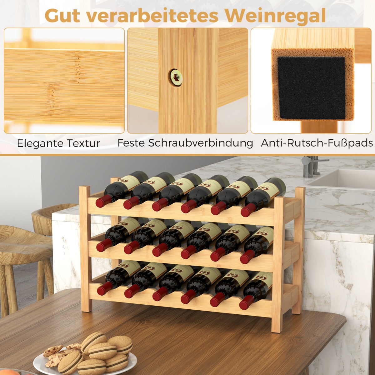 3-Tier Bamboo Wine Rack with Wave Slot for Kitchen-Natural