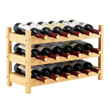 3-Tier Bamboo Wine Rack with Wave Slot for Kitchen-Natural