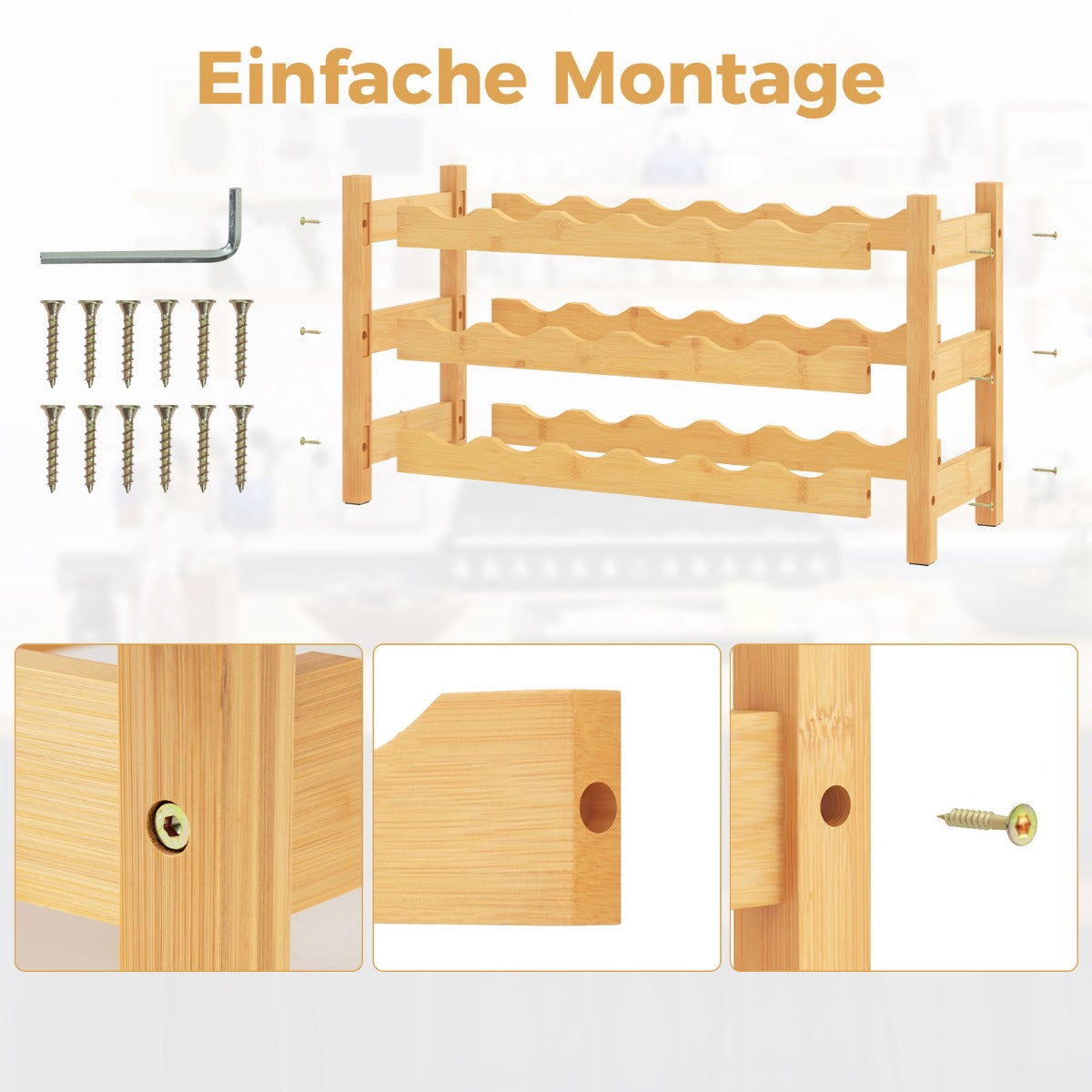 3-Tier Bamboo Wine Rack with Wave Slot for Kitchen-Natural