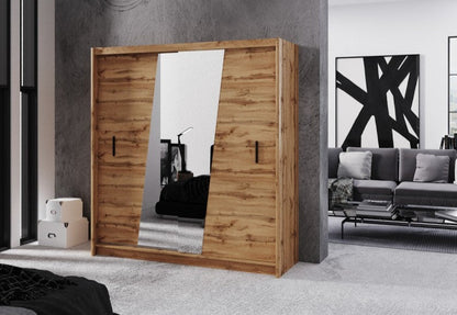 Havant Sliding 203cm Wardrobe with Slanted Mirror - Oak Wotan