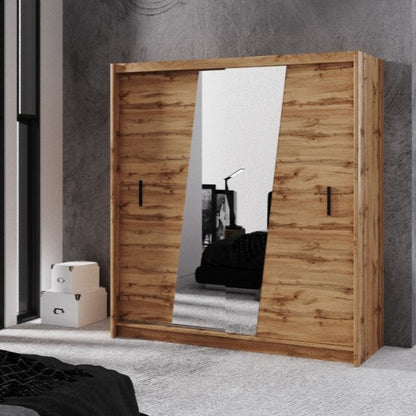 Havant Sliding 203cm Wardrobe with Slanted Mirror - Oak Wotan