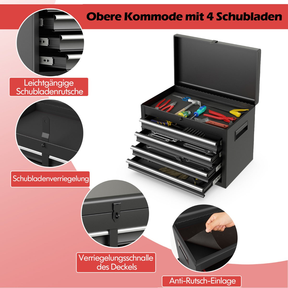 5-Drawer Rolling Tool Chest with Lockable Wheels and Adjustable Shelf-Black
