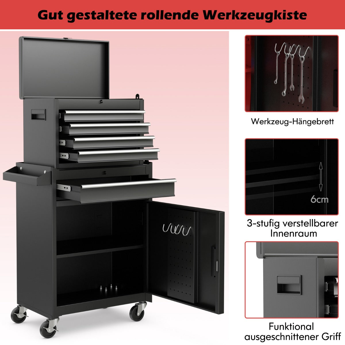 5-Drawer Rolling Tool Chest with Lockable Wheels and Adjustable Shelf-Black