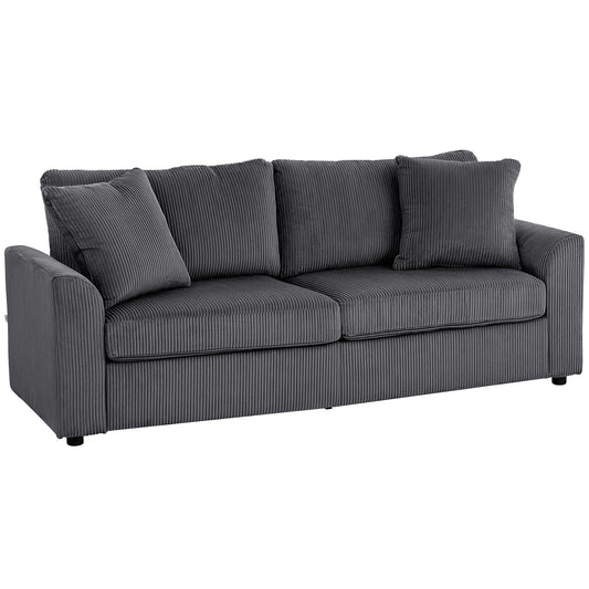 HOMCOM Modern 3 Seater Sofa with Spring Cushion, 212 cm Fabric Jumbo Cord Sofa Couch with 2 Scatter Cushions, Upholstered Corduroy Settee for Living Room, Bedroom, Home Office, Grey