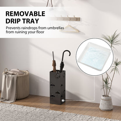 HOMCOM Metal Umbrella Stand, Square Umbrella Holder with Removable Drip Tray and 4 Hooks, Decorative Umbrella Storage Rack for Hallway, Entryway, 15.5 x 15.5 x 41 cm, Black