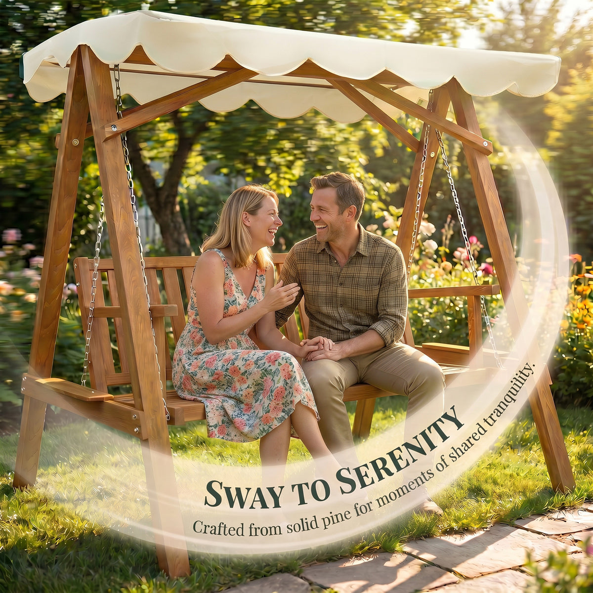 Outsunny 2 Seater Garden Swing Seat with Canopy, Wooden Swing Chair, Outdoor Hammock Bench for Balcony Patio Porch, Cream White