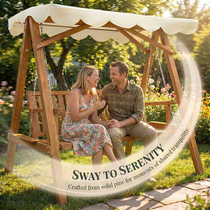 Outsunny 2 Seater Garden Swing Seat with Canopy, Wooden Swing Chair, Outdoor Hammock Bench for Balcony Patio Porch, Cream White