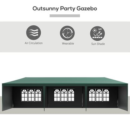 Outsunny 9 x 3 m Party Tent Gazebo Marquee Outdoor Patio Canopy Shelter with Windows and Side Panels Green