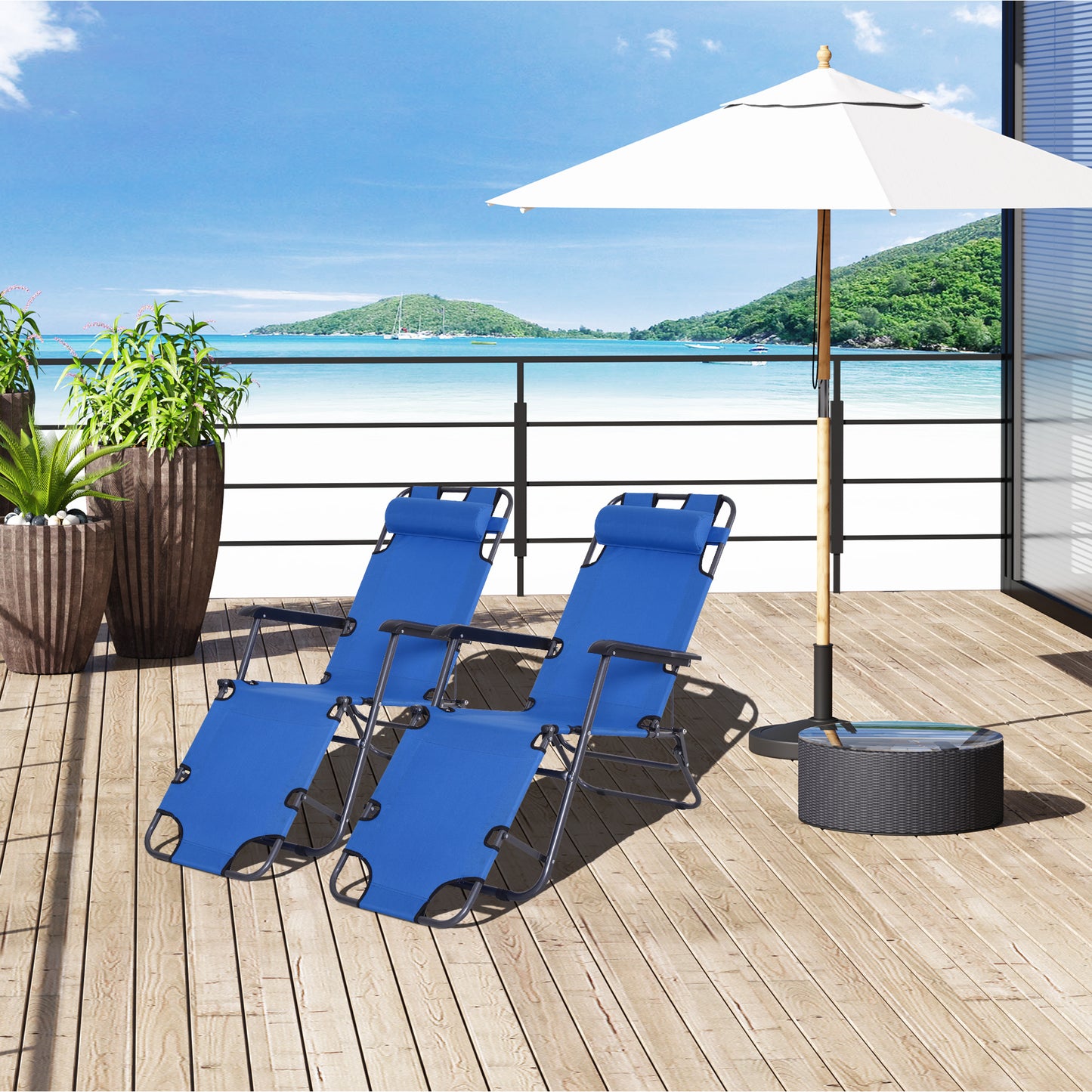 Outsunny 2 in 1 Folding Sun Lounger Reclining Garden Chair Set of 2 with 2-Level Adjustable Backrest, Outdoor Zero Gravity Recliner Garden Chairs with Head Pillow and Armrests, Blue