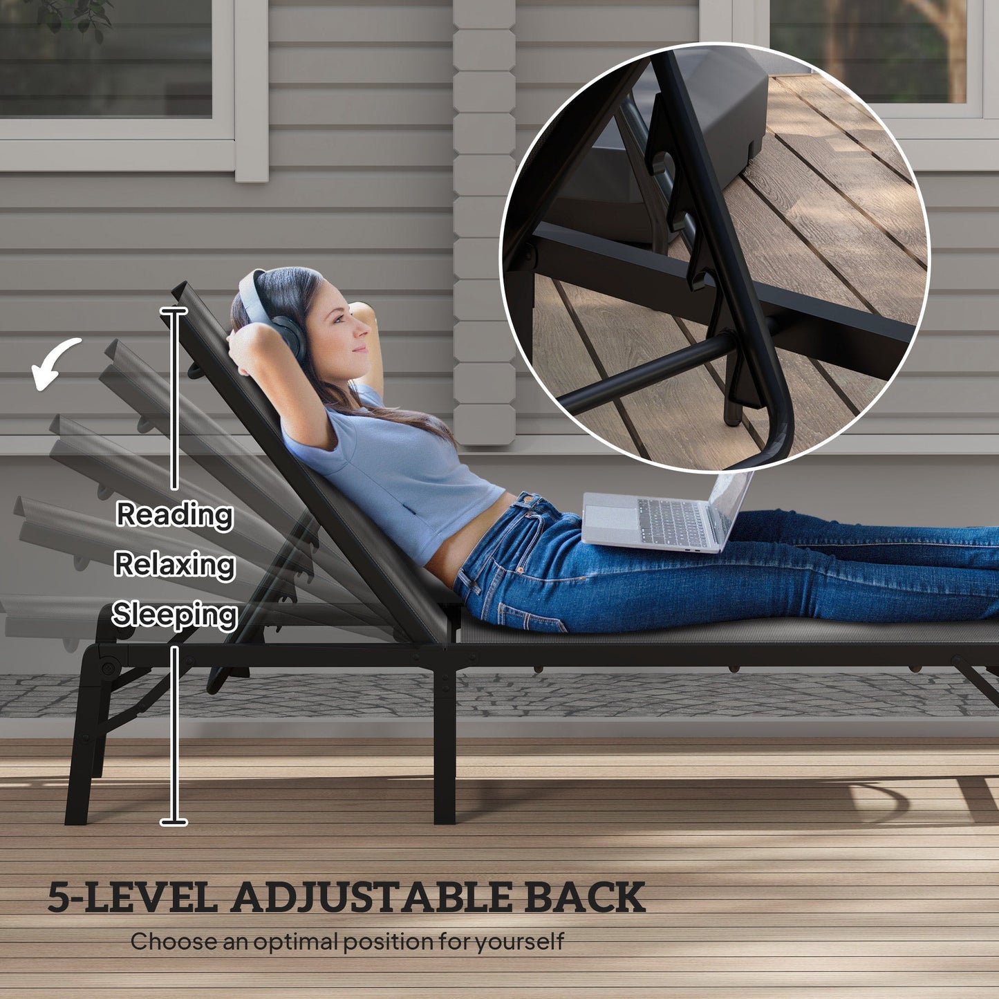 Outsunny Folding Sun Lounger Set of 2, 5-Position Adjustable Reclining Garden Loungers, Garden Chaise Lounge Sunbed Recliner Chairs with Steel Frame for Beach, Porch, Patio, Camping, Light Grey