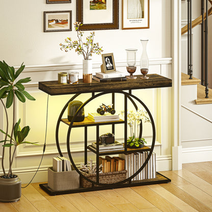 HOMCOM Industrial Console Table with LED Lights, Narrow Hallway Table with Storage Shelves, 100cm, Rustic Brown